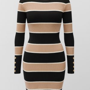 Midi-Dress-Knitted-BlackBeige-WhiteStraps-FrontView
